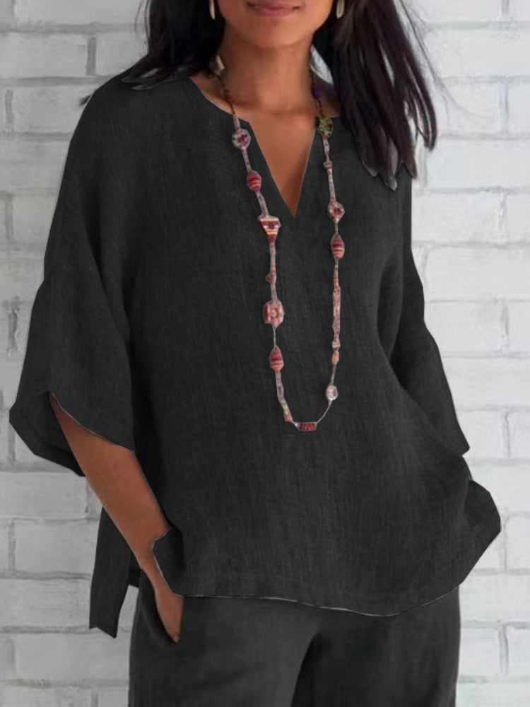 Manias | Blauwe v-hals lichtgewicht linnen dames blouse