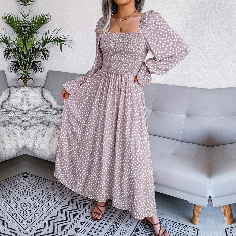 Lotte™ | Elegante Beige Long Sleeve Maxi Jurk