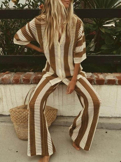 Mode losse V-hals uitgehold gestreept shirt set