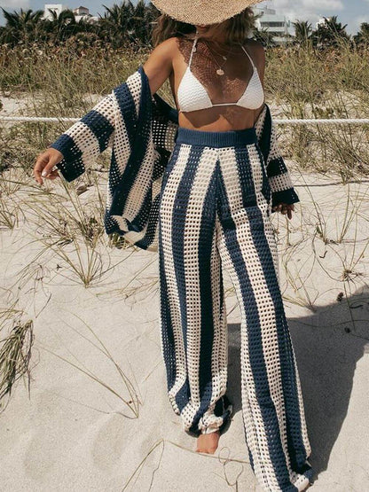 Mode losse V-hals uitgehold gestreept shirt set