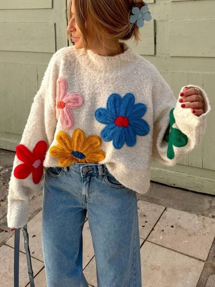 Stella | Gebreide Bloemen Trui