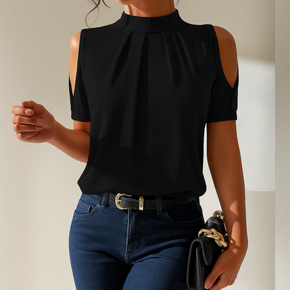Nadia | Elegant Zwart Topje met Col & Open Schouders