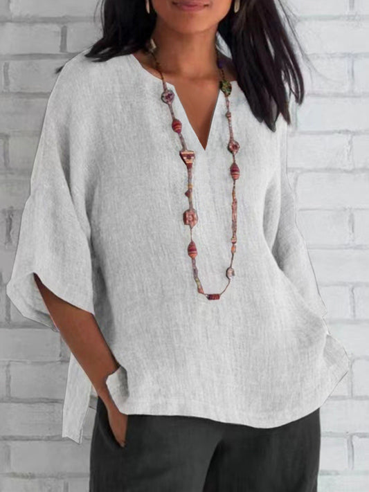 Manias | Blauwe v-hals lichtgewicht linnen dames blouse