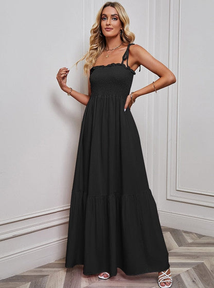 Saar™ | Zwarte Simpele Maxi Jurk Met Spaghetti Bandjes